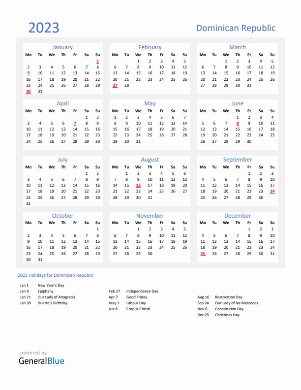 Basic Yearly Calendar with Holidays in Dominican Republic for 2023 
