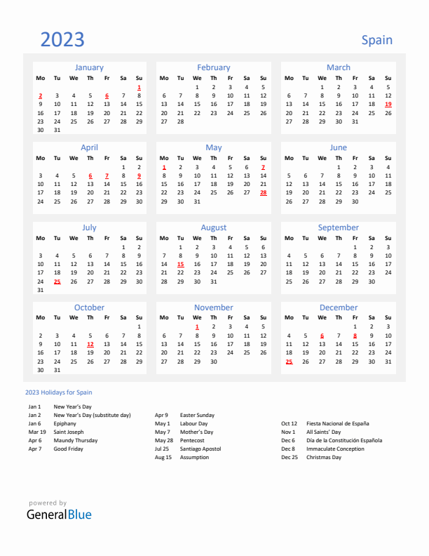 Basic Yearly Calendar with Holidays in Spain for 2023 