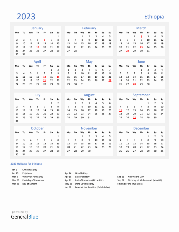Basic Yearly Calendar with Holidays in Ethiopia for 2023 