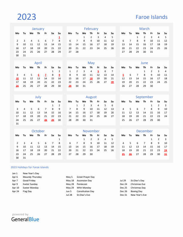 Basic Yearly Calendar with Holidays in Faroe Islands for 2023 