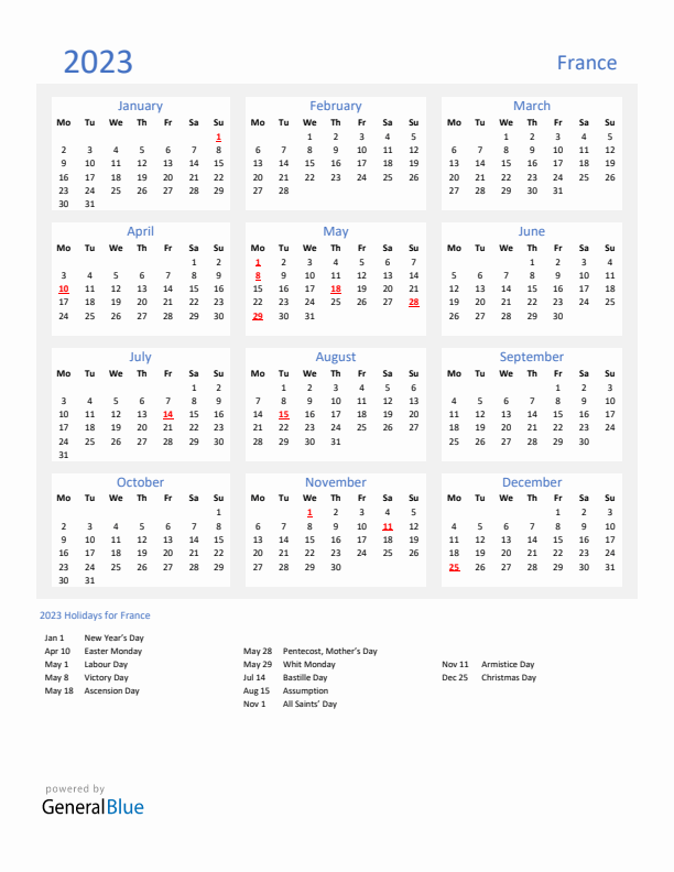 Basic Yearly Calendar with Holidays in France for 2023 