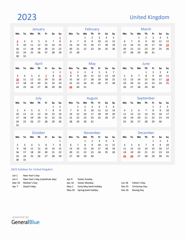 Basic Yearly Calendar with Holidays in United Kingdom for 2023 