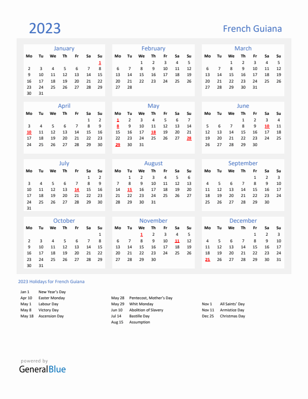 Basic Yearly Calendar with Holidays in French Guiana for 2023 