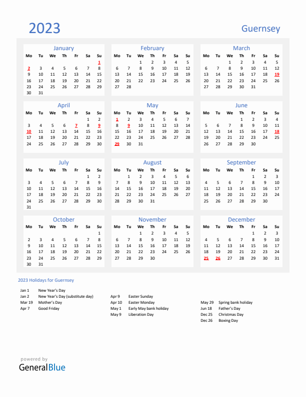 Basic Yearly Calendar with Holidays in Guernsey for 2023 