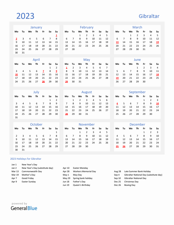 Basic Yearly Calendar with Holidays in Gibraltar for 2023 