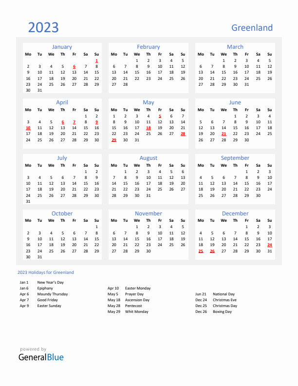 Basic Yearly Calendar with Holidays in Greenland for 2023 