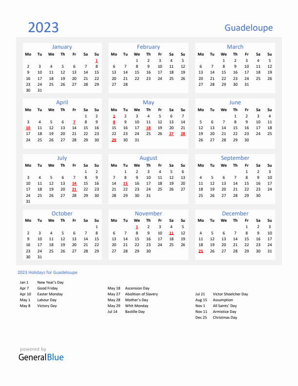 Basic Yearly Calendar with Holidays in Guadeloupe for 2023 