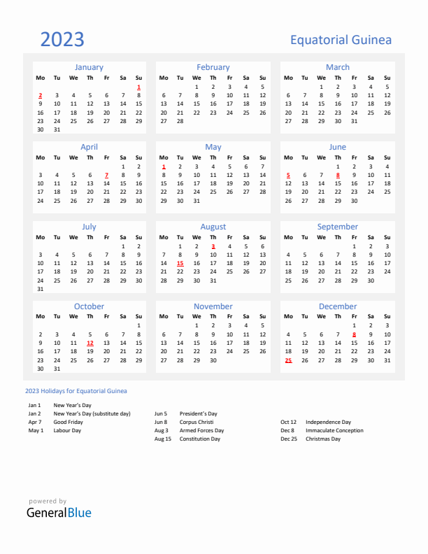 Basic Yearly Calendar with Holidays in Equatorial Guinea for 2023 