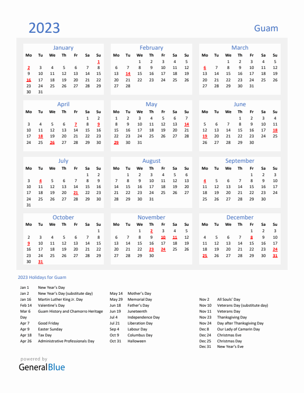 Basic Yearly Calendar with Holidays in Guam for 2023 