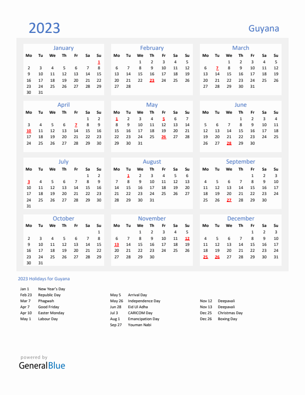Basic Yearly Calendar with Holidays in Guyana for 2023 