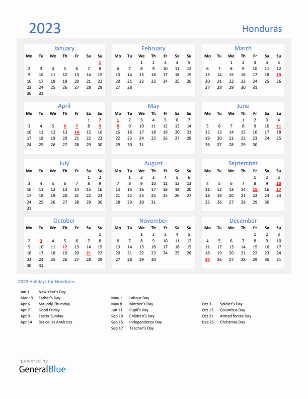Basic Yearly Calendar with Holidays in Honduras for 2023 