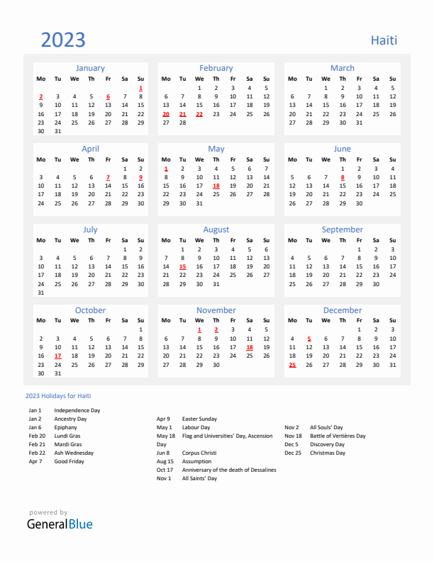 Basic Yearly Calendar with Holidays in Haiti for 2023 