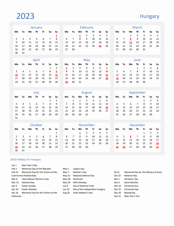 Basic Yearly Calendar with Holidays in Hungary for 2023 