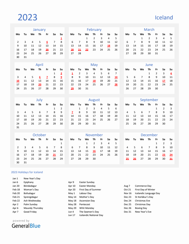 Basic Yearly Calendar with Holidays in Iceland for 2023 