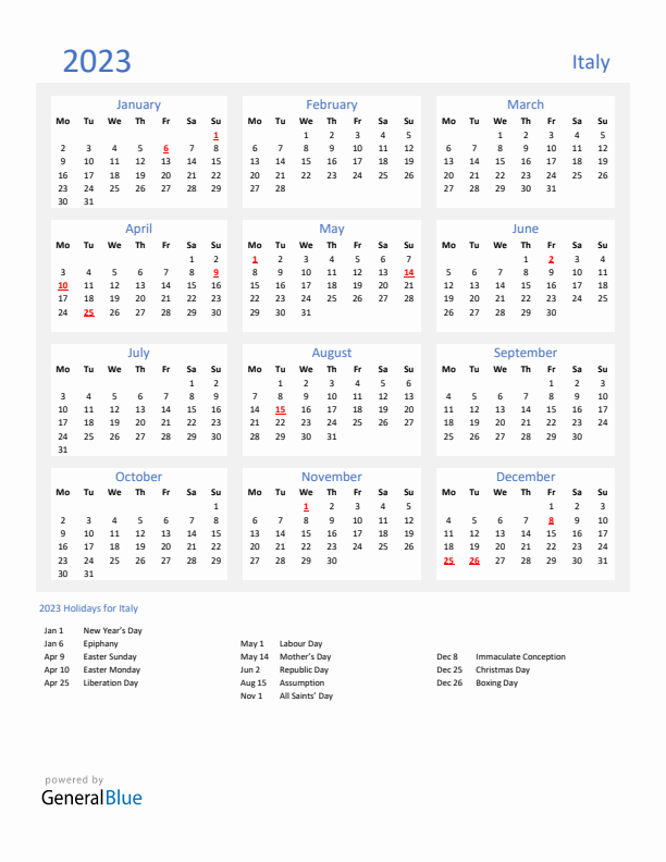 Basic Yearly Calendar with Holidays in Italy for 2023 