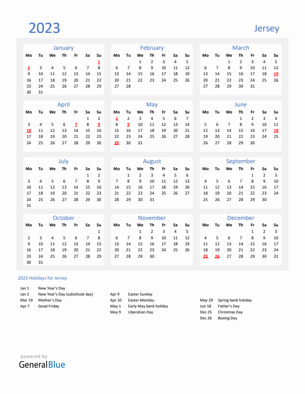 Basic Yearly Calendar with Holidays in Jersey for 2023 