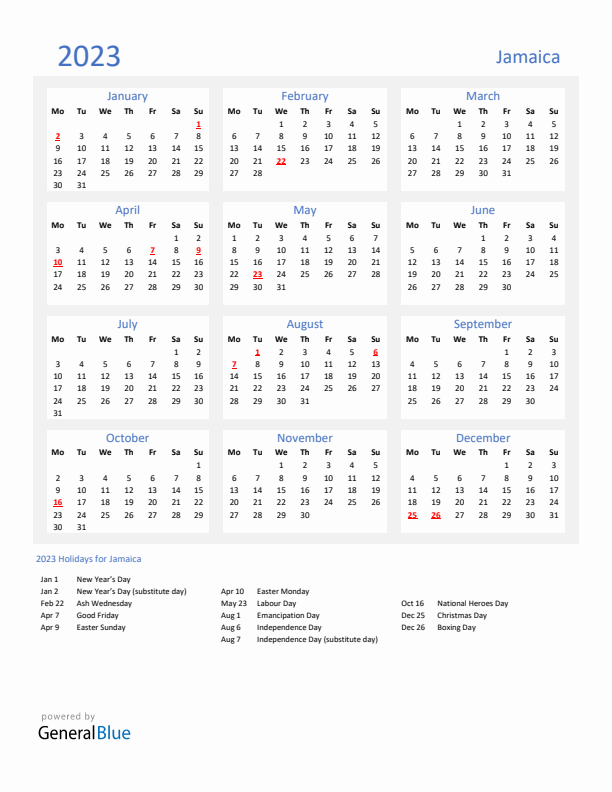 Basic Yearly Calendar with Holidays in Jamaica for 2023 