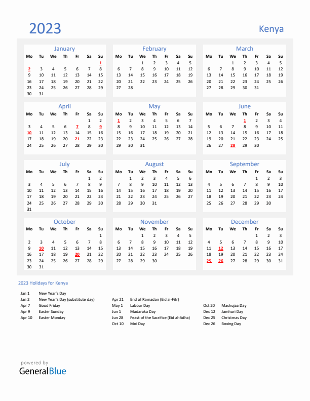Basic Yearly Calendar with Holidays in Kenya for 2023 