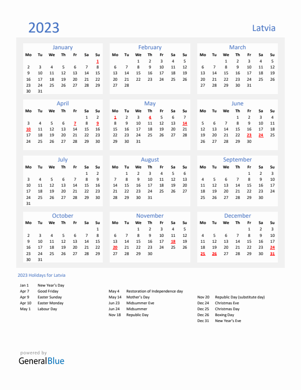 Basic Yearly Calendar with Holidays in Latvia for 2023 