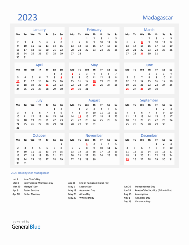 Basic Yearly Calendar with Holidays in Madagascar for 2023 