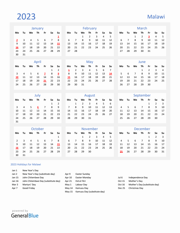Basic Yearly Calendar with Holidays in Malawi for 2023 