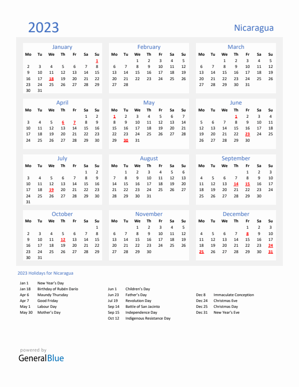 Basic Yearly Calendar with Holidays in Nicaragua for 2023 
