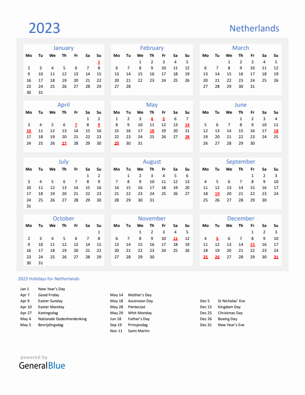 Basic Yearly Calendar with Holidays in The Netherlands for 2023 