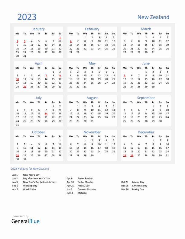 Basic Yearly Calendar with Holidays in New Zealand for 2023 