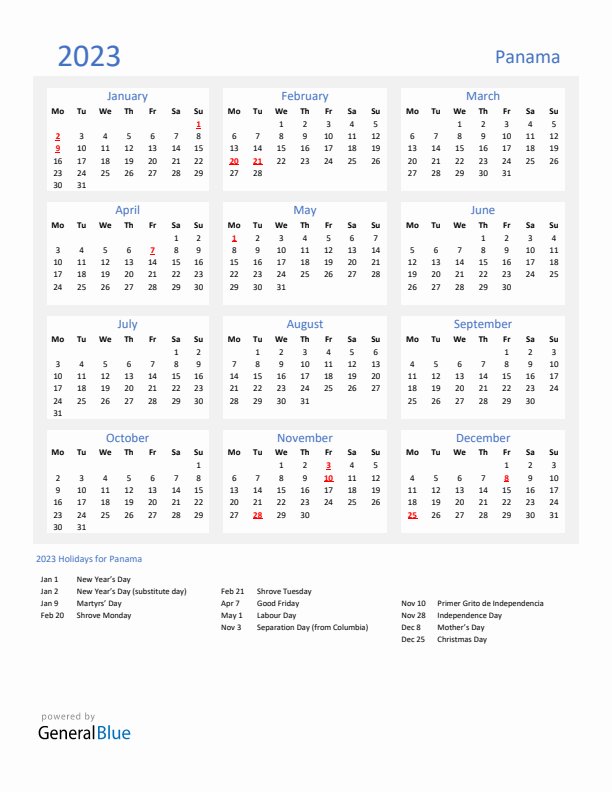 Basic Yearly Calendar with Holidays in Panama for 2023 