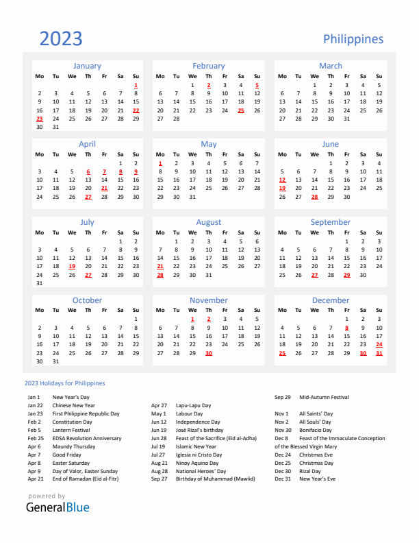 Basic Yearly Calendar with Holidays in Philippines for 2023 