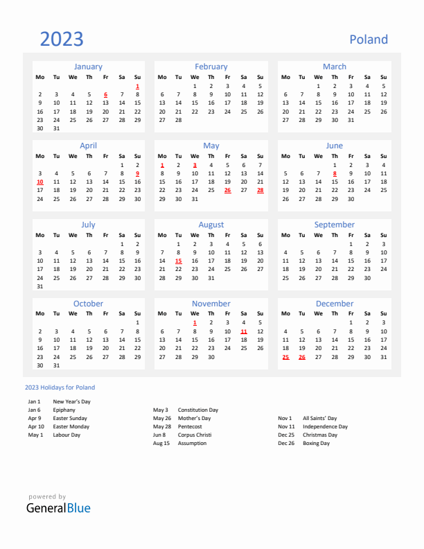 Basic Yearly Calendar with Holidays in Poland for 2023 