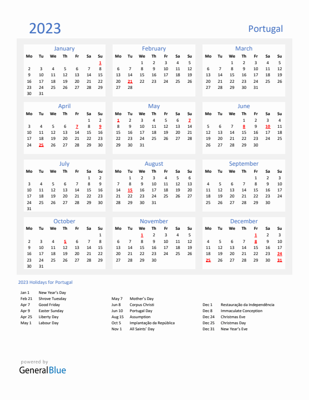 Basic Yearly Calendar with Holidays in Portugal for 2023 