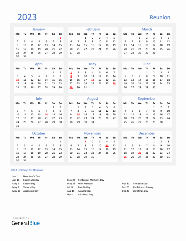 Basic Yearly Calendar with Holidays in Reunion for 2023 