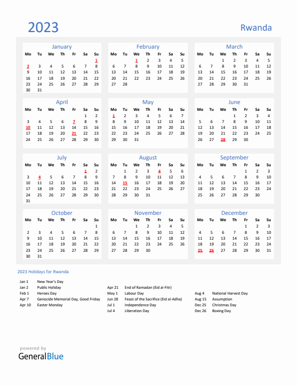 Basic Yearly Calendar with Holidays in Rwanda for 2023 