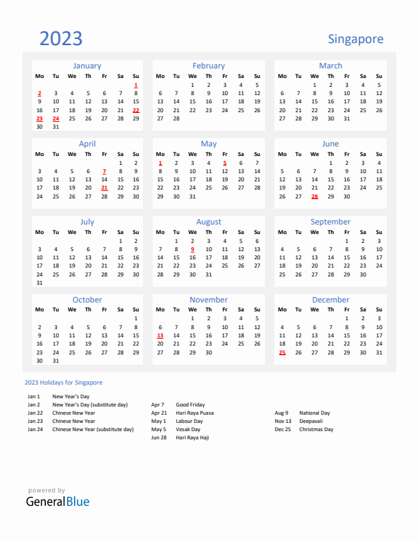 Basic Yearly Calendar with Holidays in Singapore for 2023 