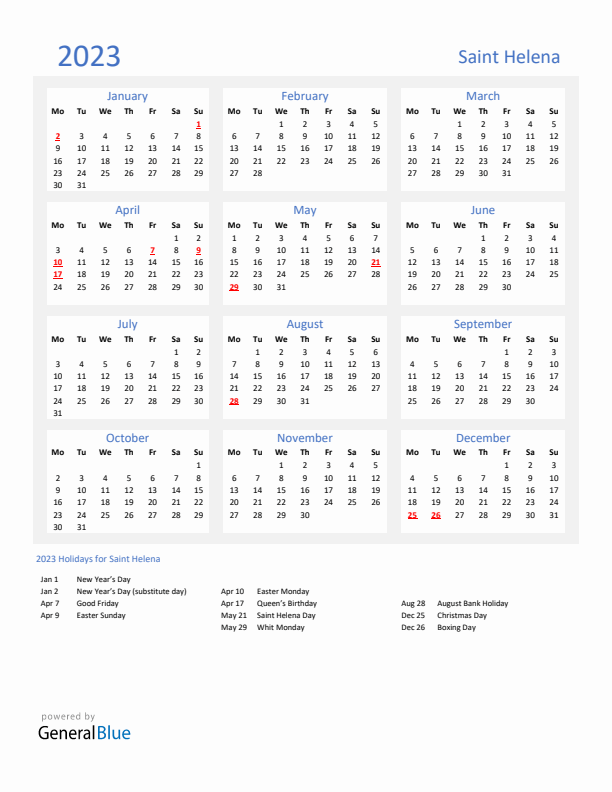 Basic Yearly Calendar with Holidays in Saint Helena for 2023 