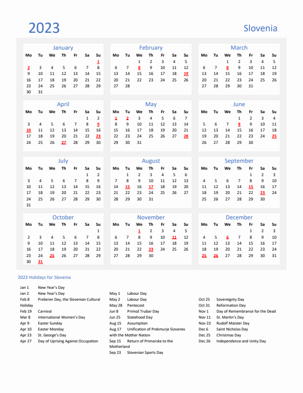 Basic Yearly Calendar with Holidays in Slovenia for 2023 