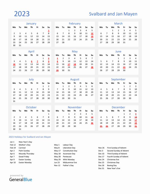 Basic Yearly Calendar with Holidays in Svalbard and Jan Mayen for 2023 
