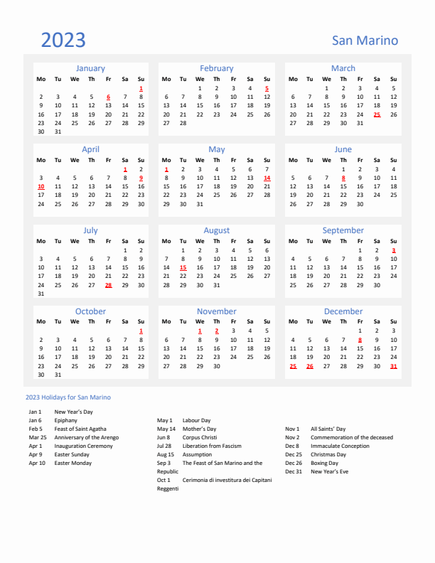 Basic Yearly Calendar with Holidays in San Marino for 2023 