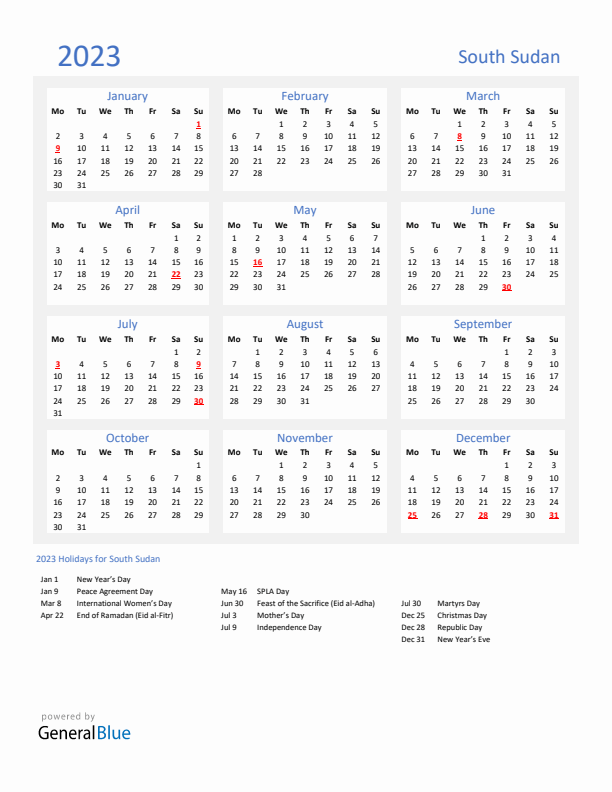 Basic Yearly Calendar with Holidays in South Sudan for 2023 