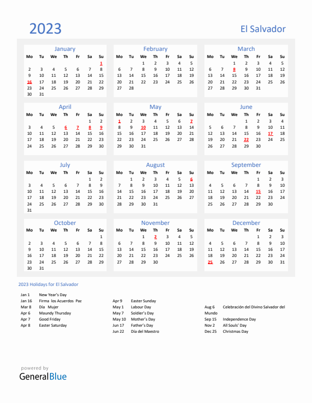 Basic Yearly Calendar with Holidays in El Salvador for 2023 