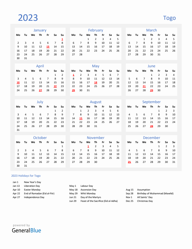 Basic Yearly Calendar with Holidays in Togo for 2023 