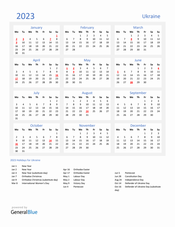 Basic Yearly Calendar with Holidays in Ukraine for 2023 