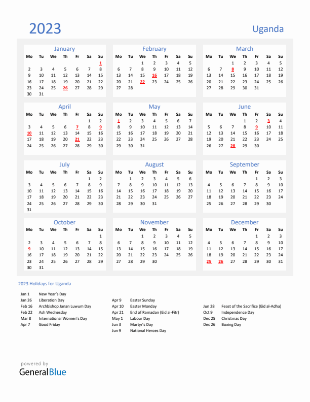 Basic Yearly Calendar with Holidays in Uganda for 2023 