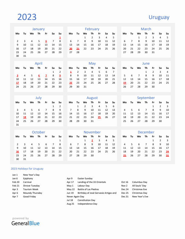 Basic Yearly Calendar with Holidays in Uruguay for 2023 
