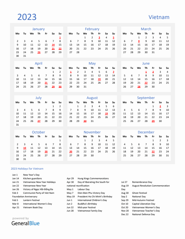 Basic Yearly Calendar with Holidays in Vietnam for 2023 