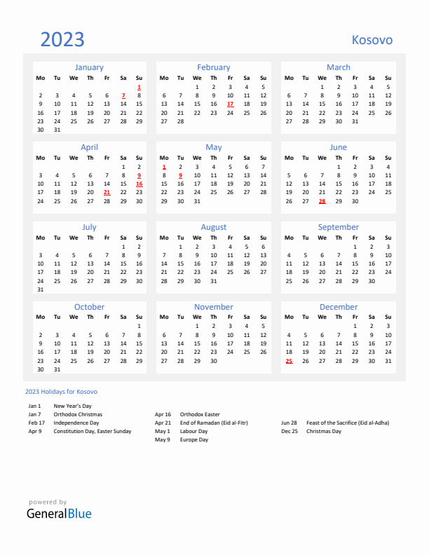 Basic Yearly Calendar with Holidays in Kosovo for 2023 