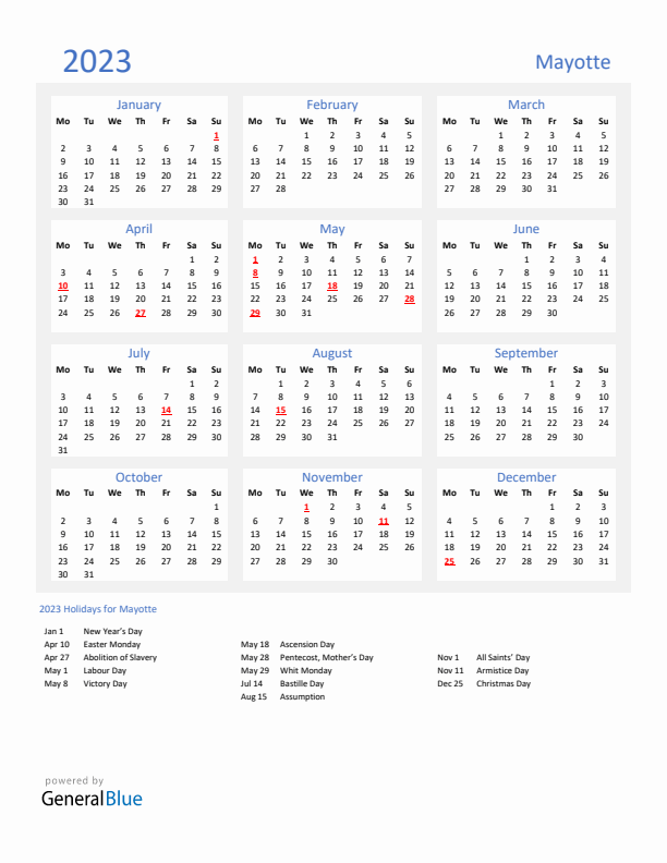 Basic Yearly Calendar with Holidays in Mayotte for 2023 