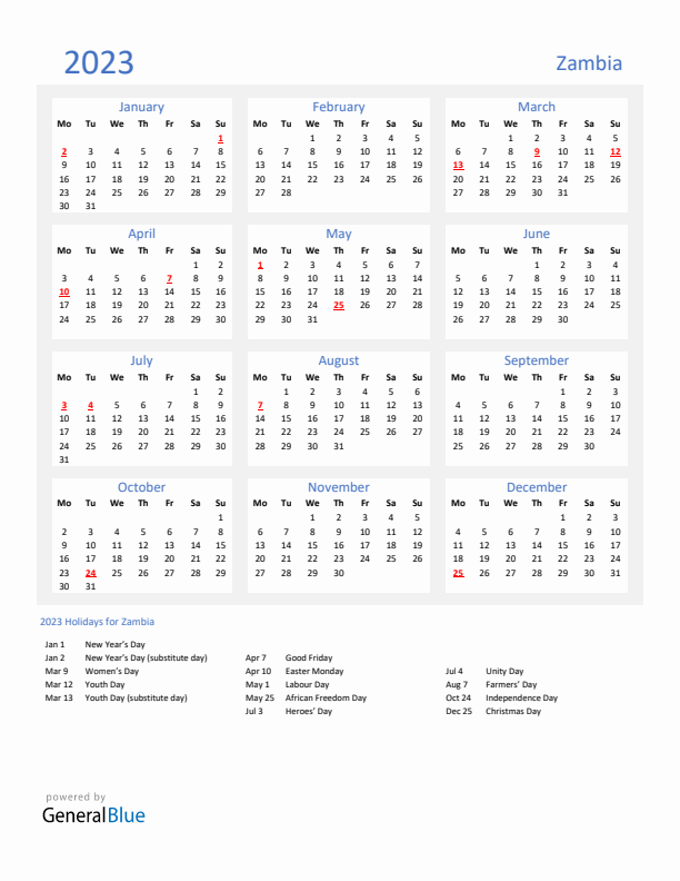 Basic Yearly Calendar with Holidays in Zambia for 2023 