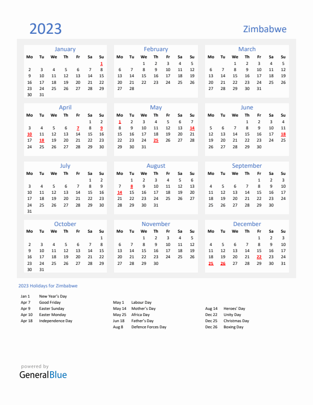 Basic Yearly Calendar with Holidays in Zimbabwe for 2023 